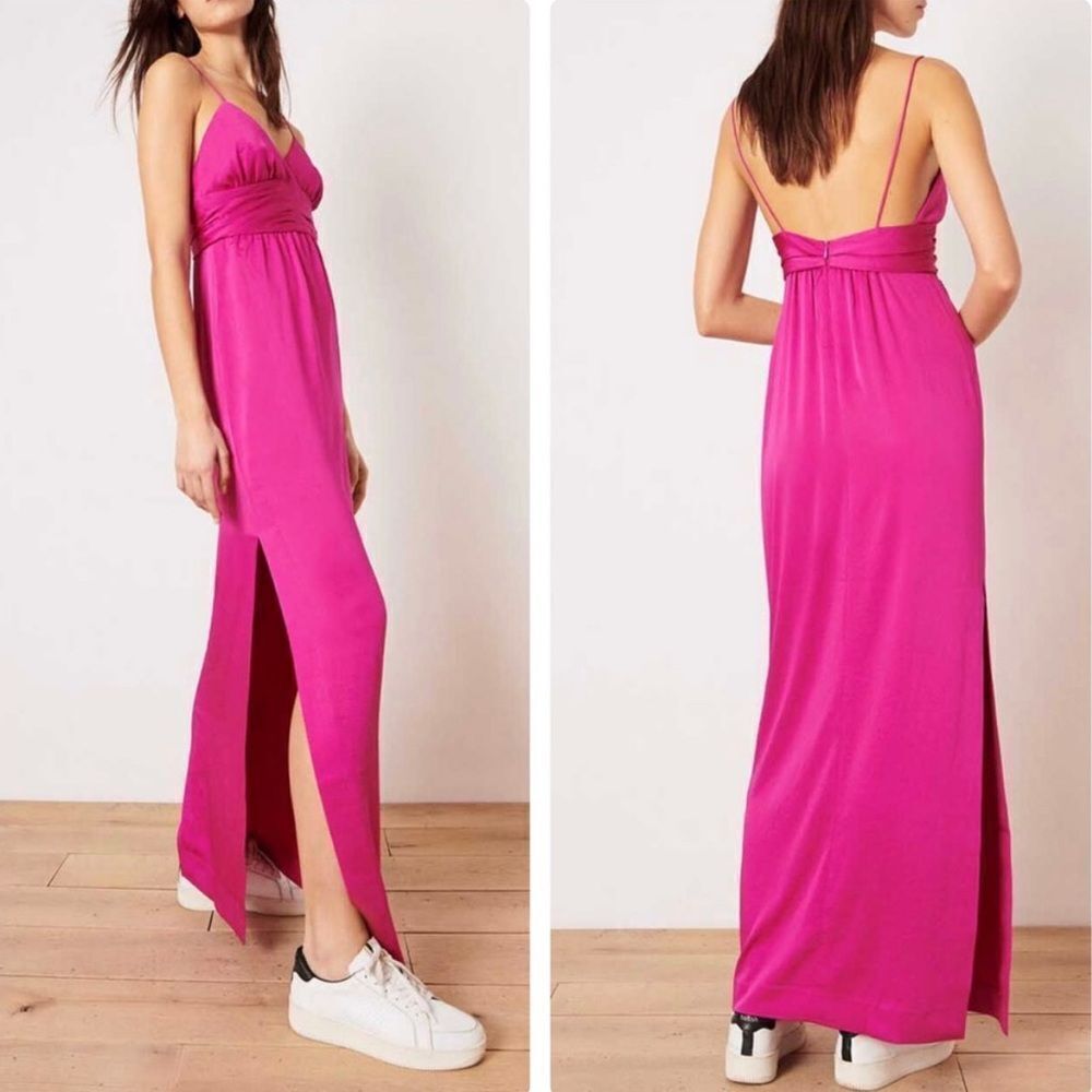 Ba&sh Rixelle Maxi‎ Dress Fuchsia Pink Size L spaghetti strap satin side slit